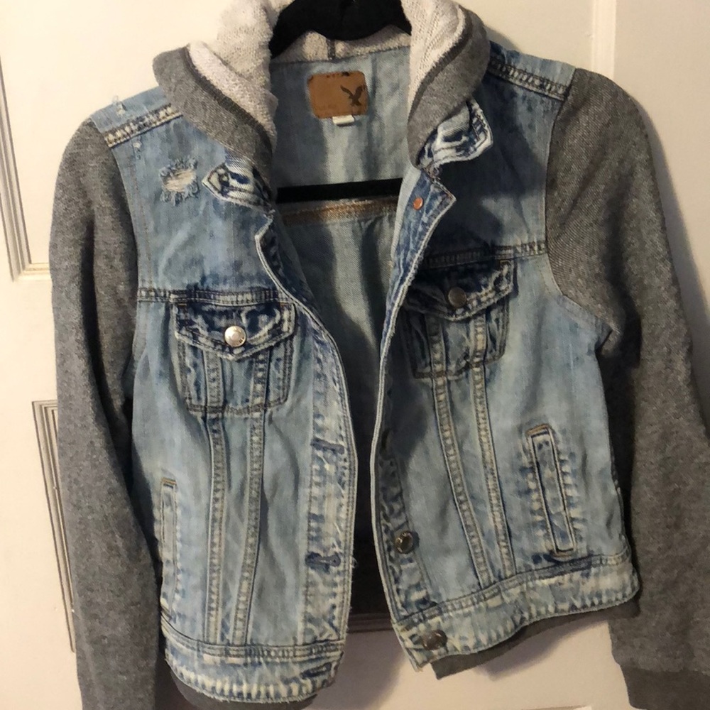 Distressed denim knit sleeve jacket